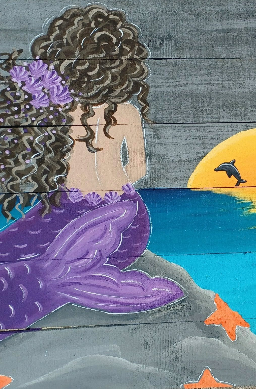 Custom mermaid painting purple tail, brunetteon wood boards