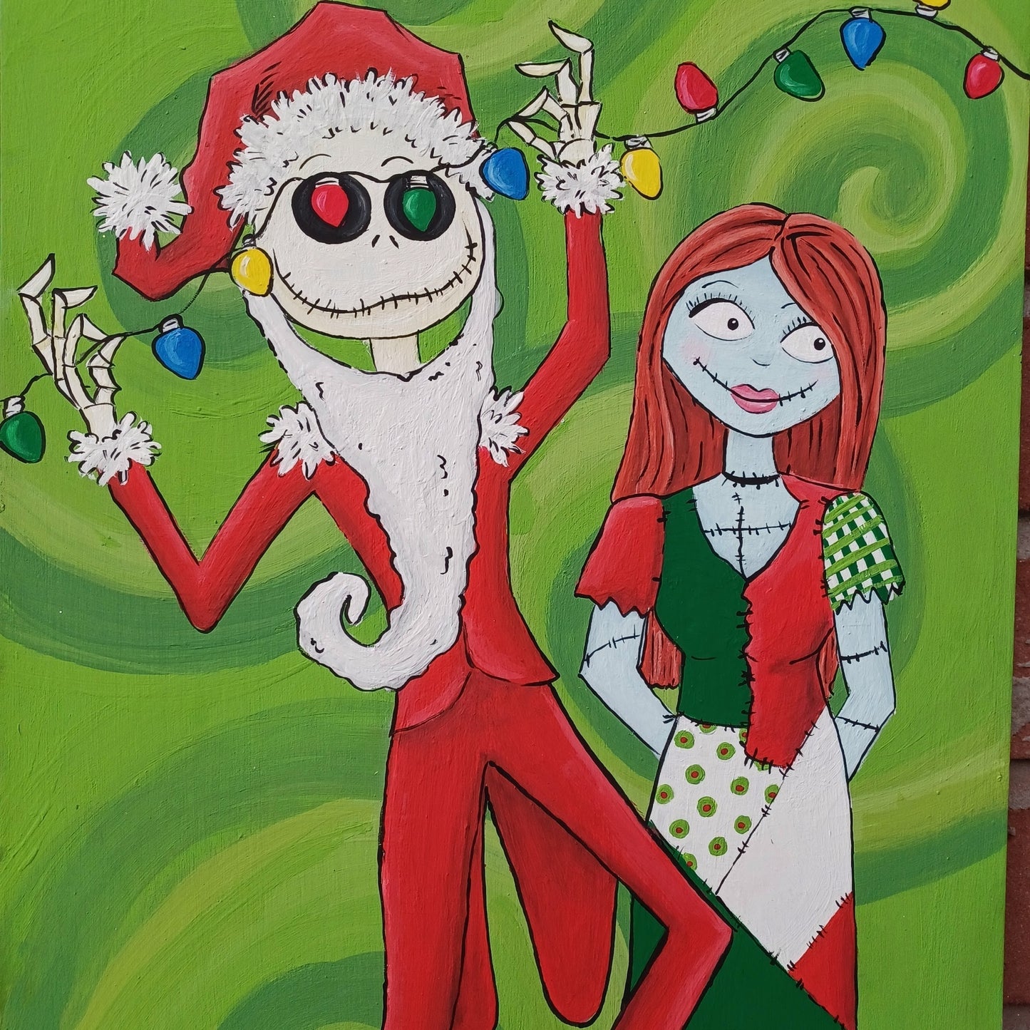 Jack and Sally Skellington Christmas Decoration hand painted on wood 