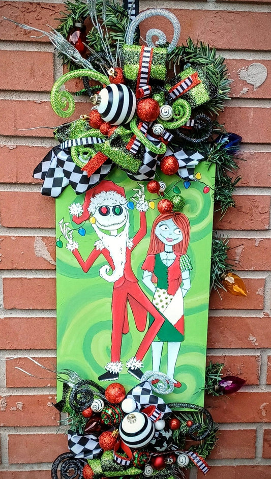 Jack and Sally Skellington holiday door hanger decorations, 4 feet tall