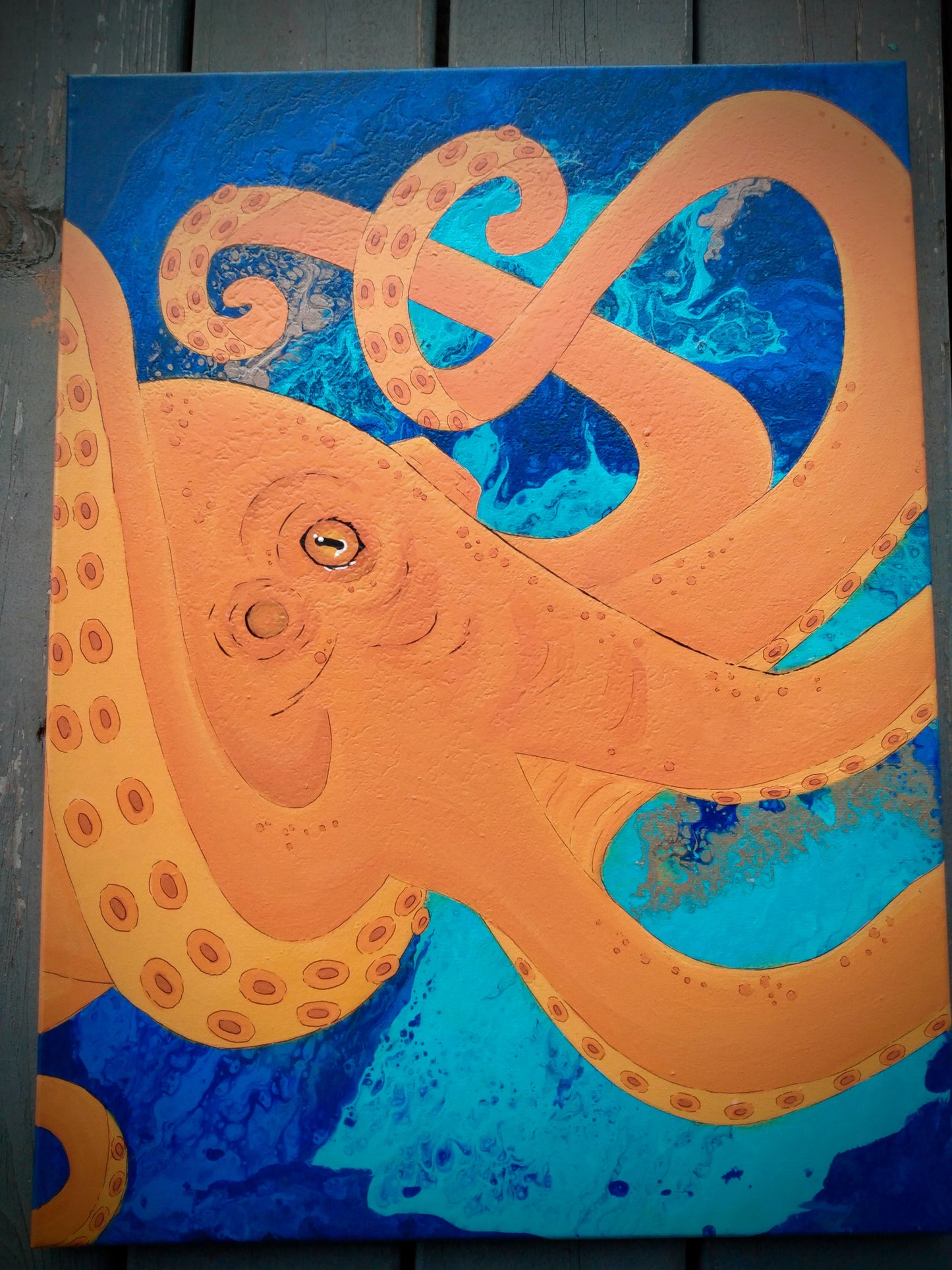 Orange Octopus paintings on 3 stretched canvases 5' x 2.5'