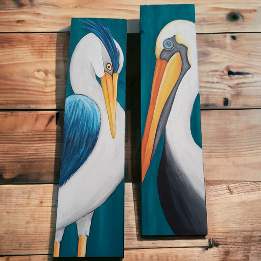 Pelican and blue heron painting on teal reclaimed wood boards