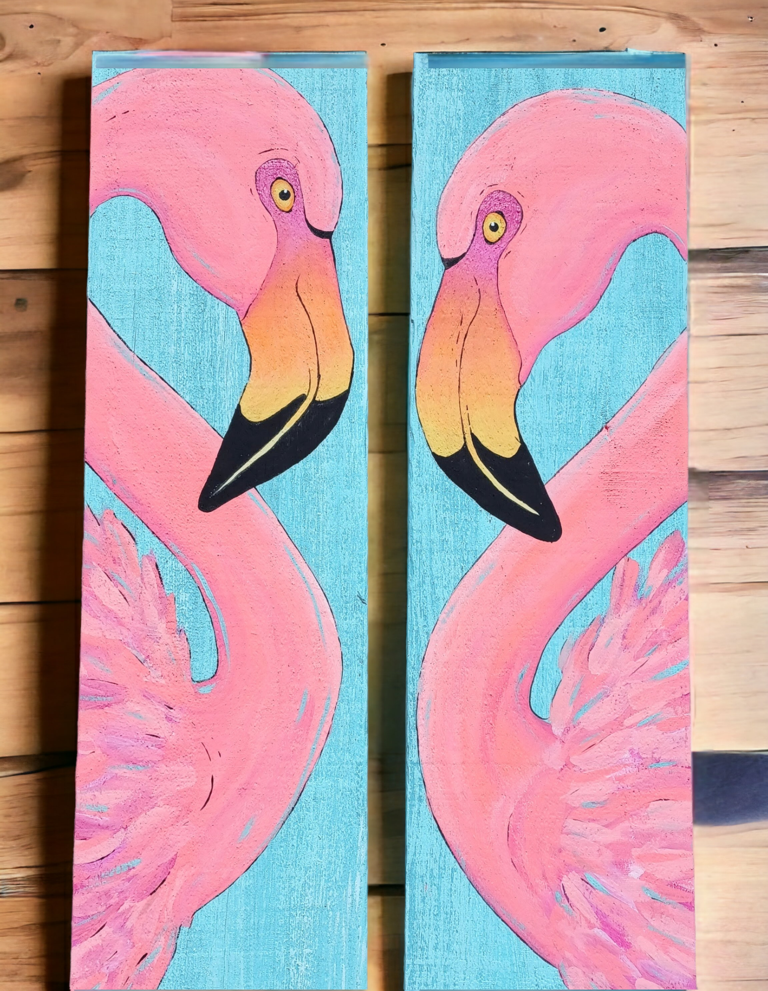 Set of 2 Flamingo painting on an aqua and keywest blue reclaimed wood board