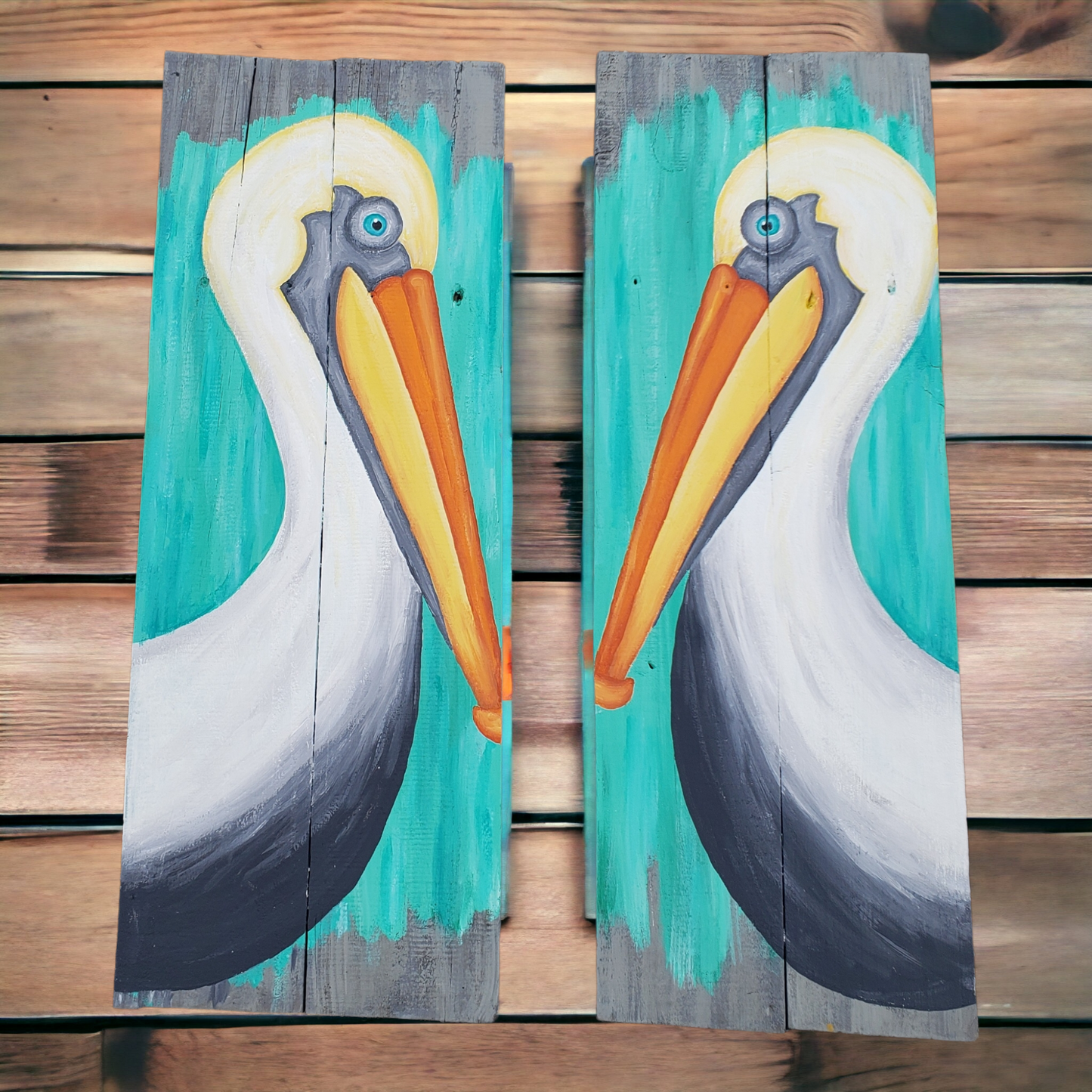 Pelican Painting on gray reclaimed wood with aqua accents 