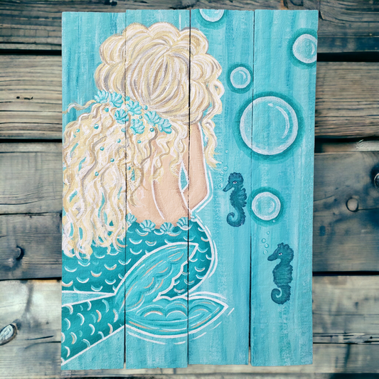 Aqua and teal mermaid painting on wood 