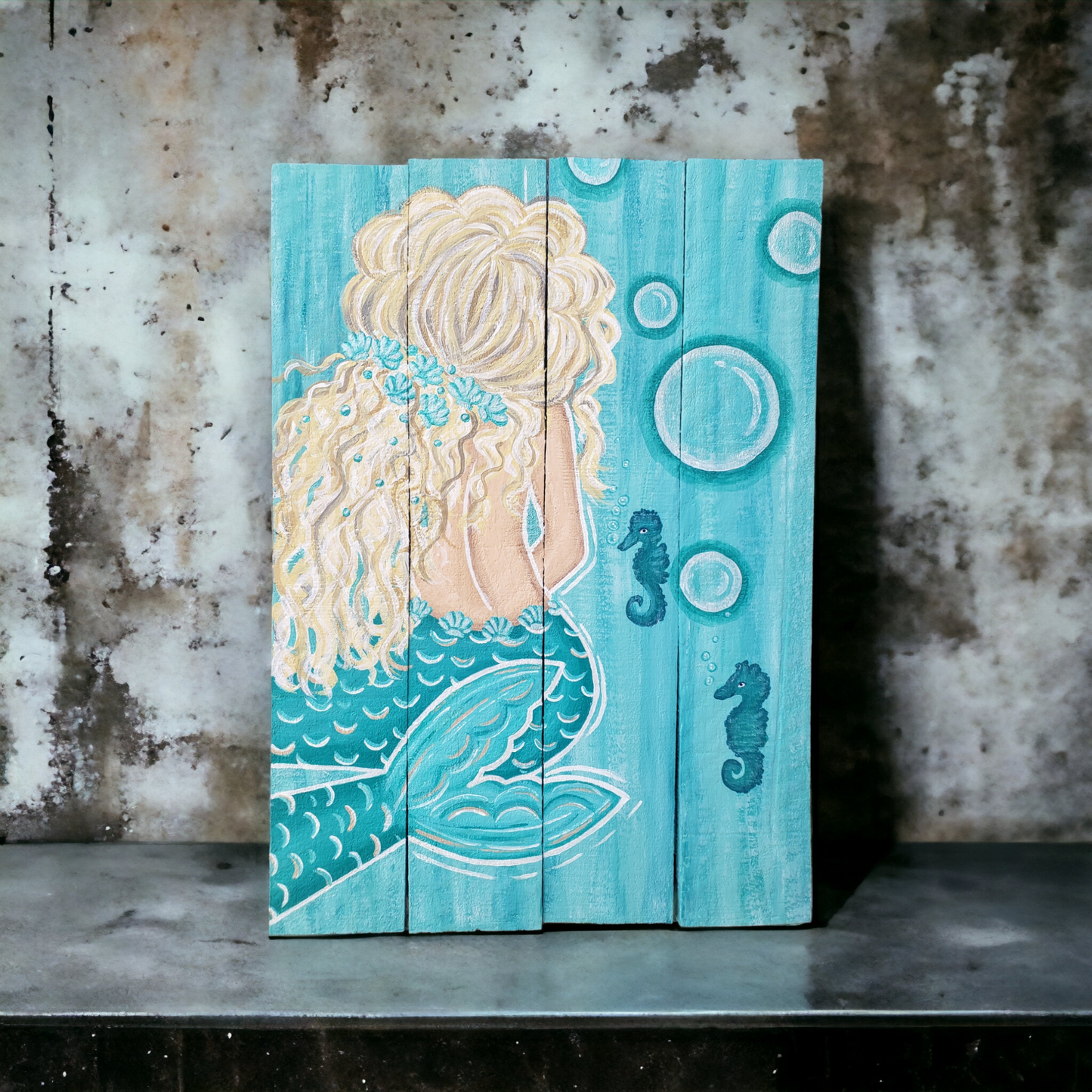 Aqua and teal mermaid painting on wood 