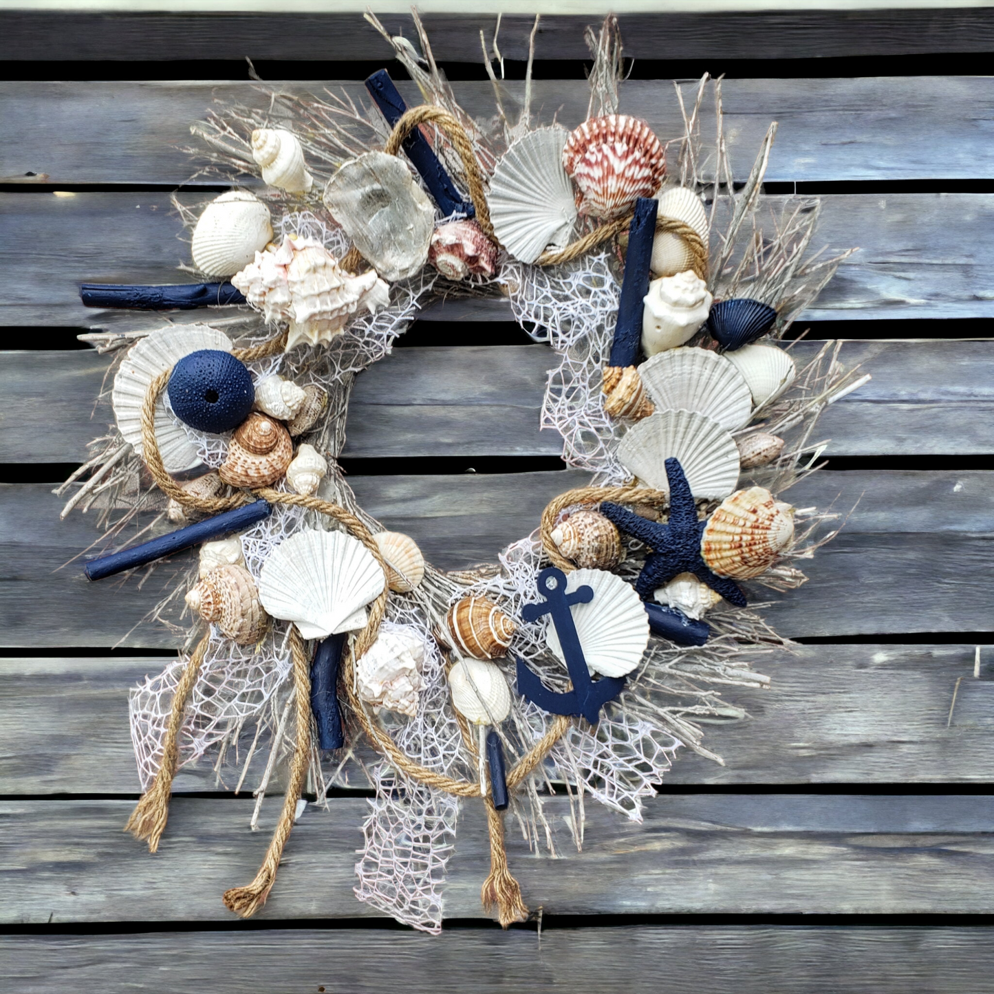 Beach themed wreath shells, statfish, nautical rope and more