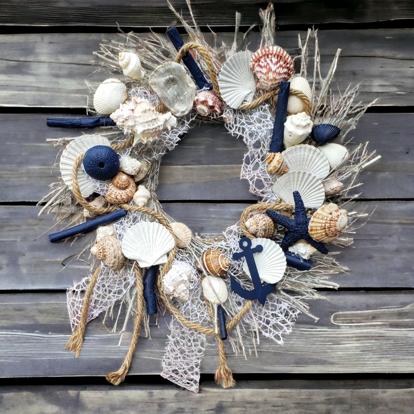 Beach themed wreath shells, statfish, nautical rope and more