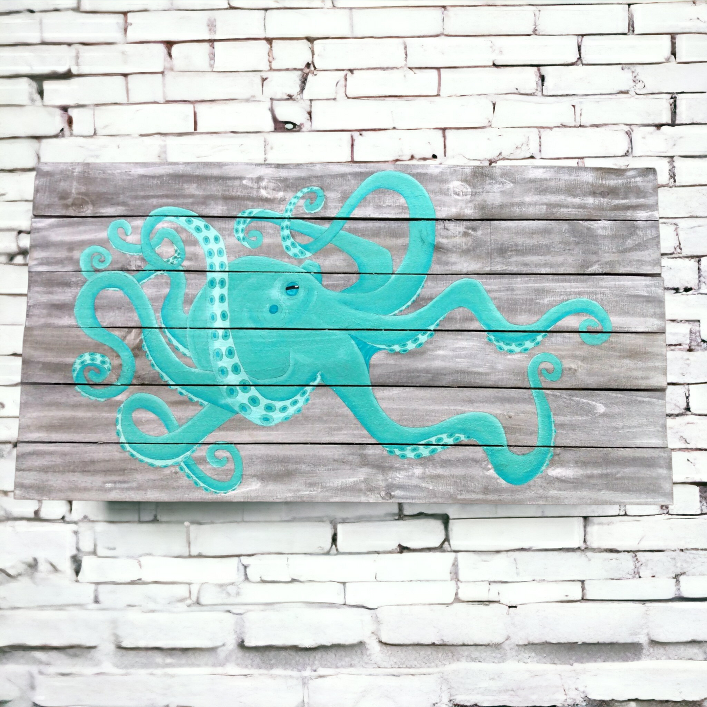 Aqua Octopus painting on gray reclaimed wood boards 3' x 2'