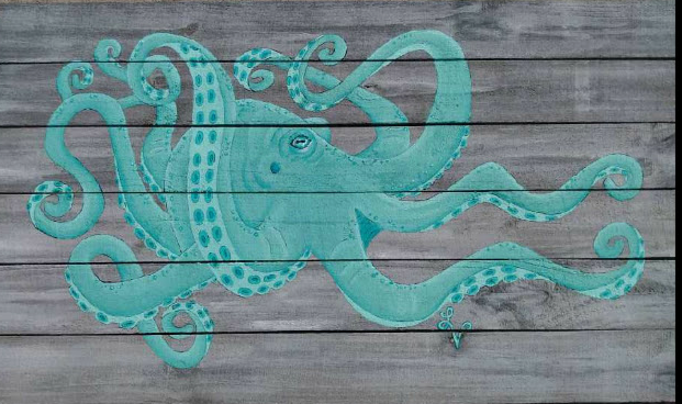 Aqua Octopus painting on gray reclaimed wood boards 3' x 2'