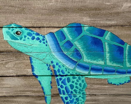 aqua and blue sea turtles painting on wood