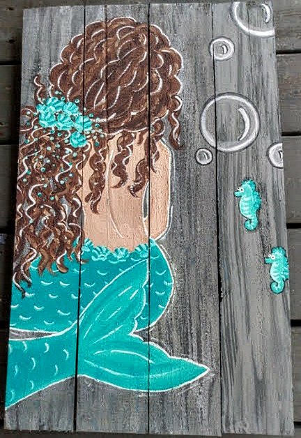 Custom mermaid on wood boards brunette with  teal tail 