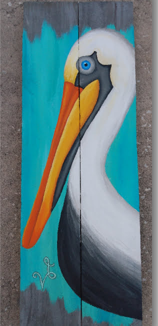 Pelican painted on gray double wood boards with aqua background 