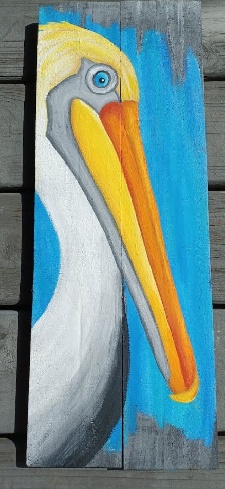 Pelican hand painted on double gray wood boards with turquoise blue background 