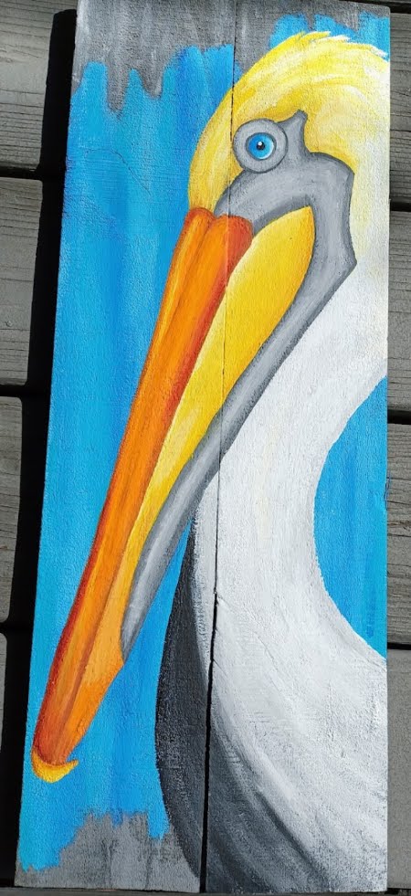 Pelican hand painted on double gray wood boards with turquoise blue background 