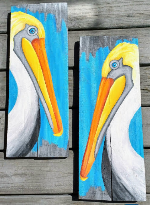 Set of 2 Pelicans hand painted on double gray wood boards with turquoise blue background 