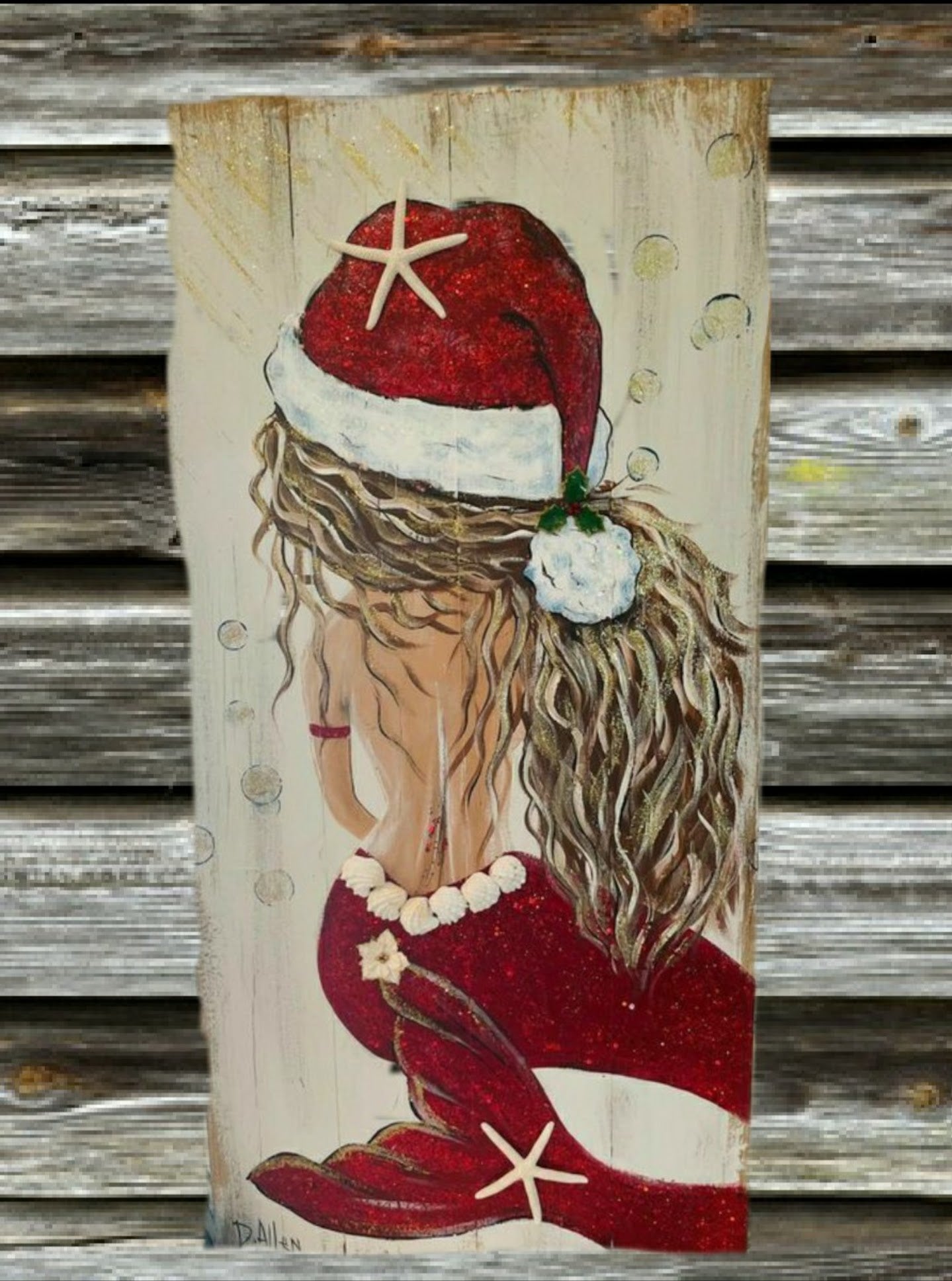 Brunette santa Christmas mermaid painting on wood