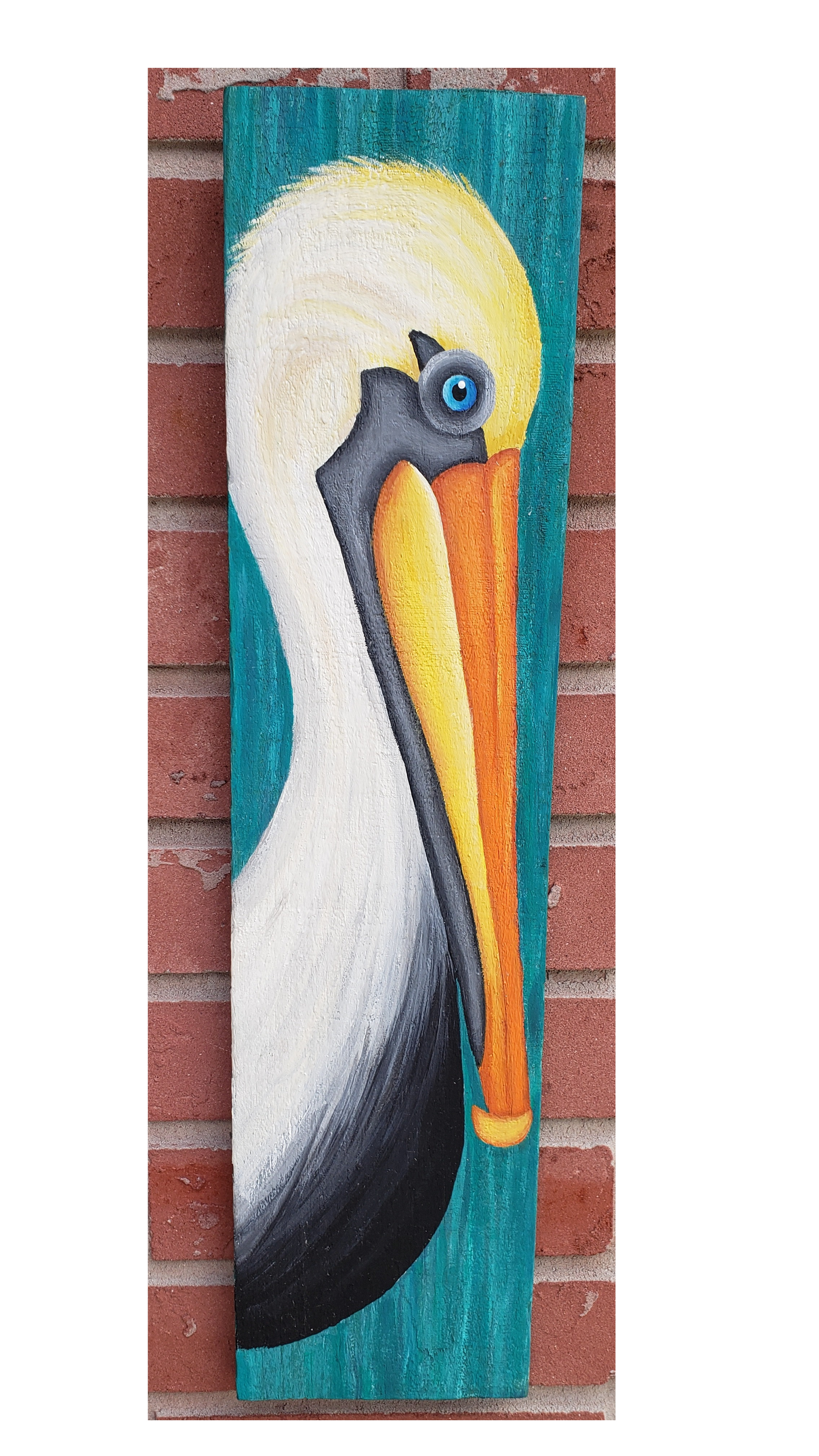 Pelican and Seabird paintings on single wood boards with aqua background