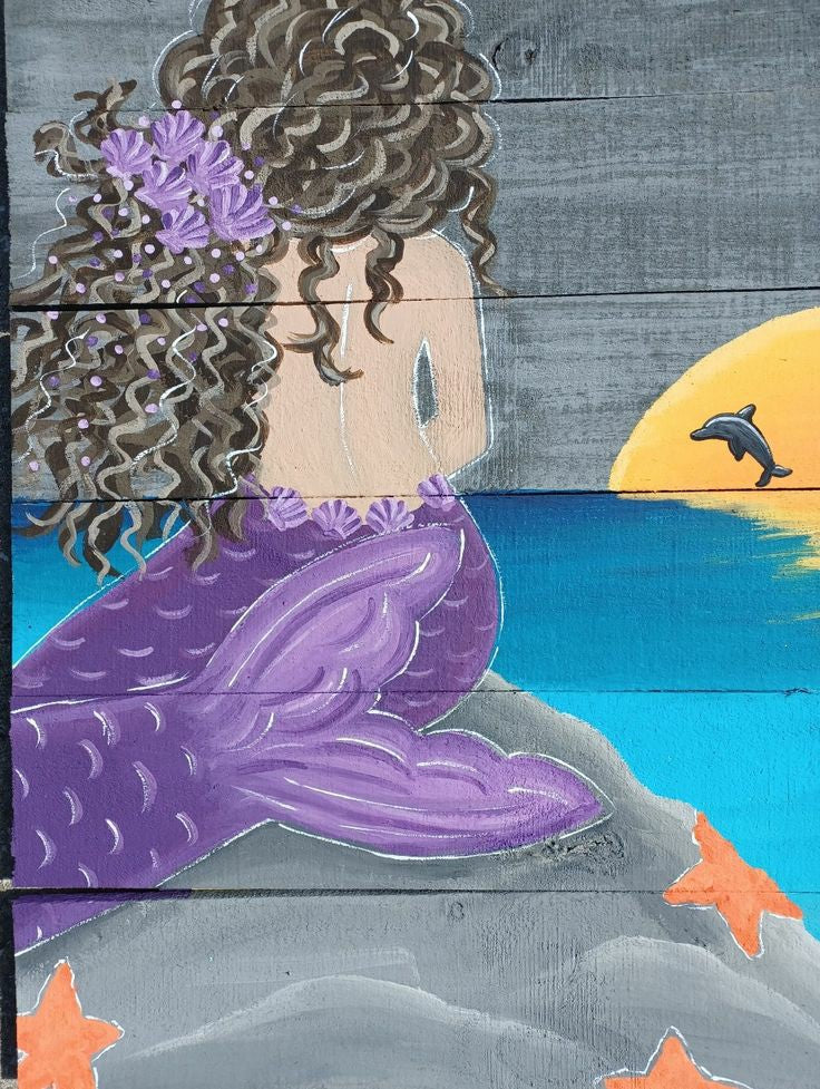 Custom mermaid on wood boards brunette purple tail 