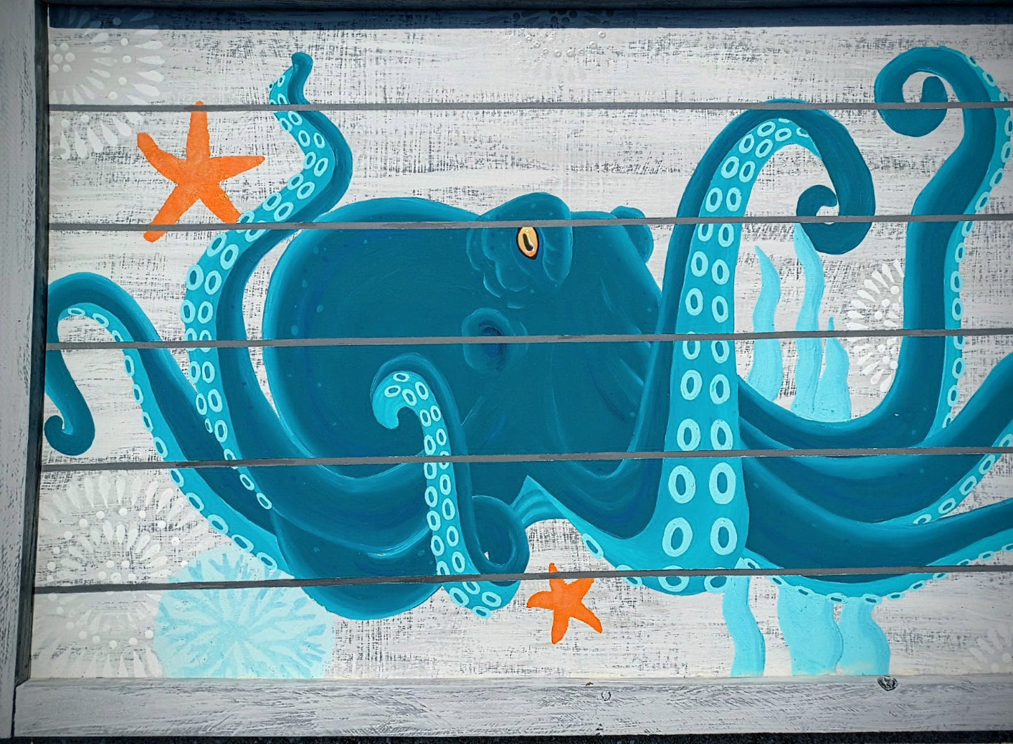 Teal and Aqua Octopus painting on gray wood