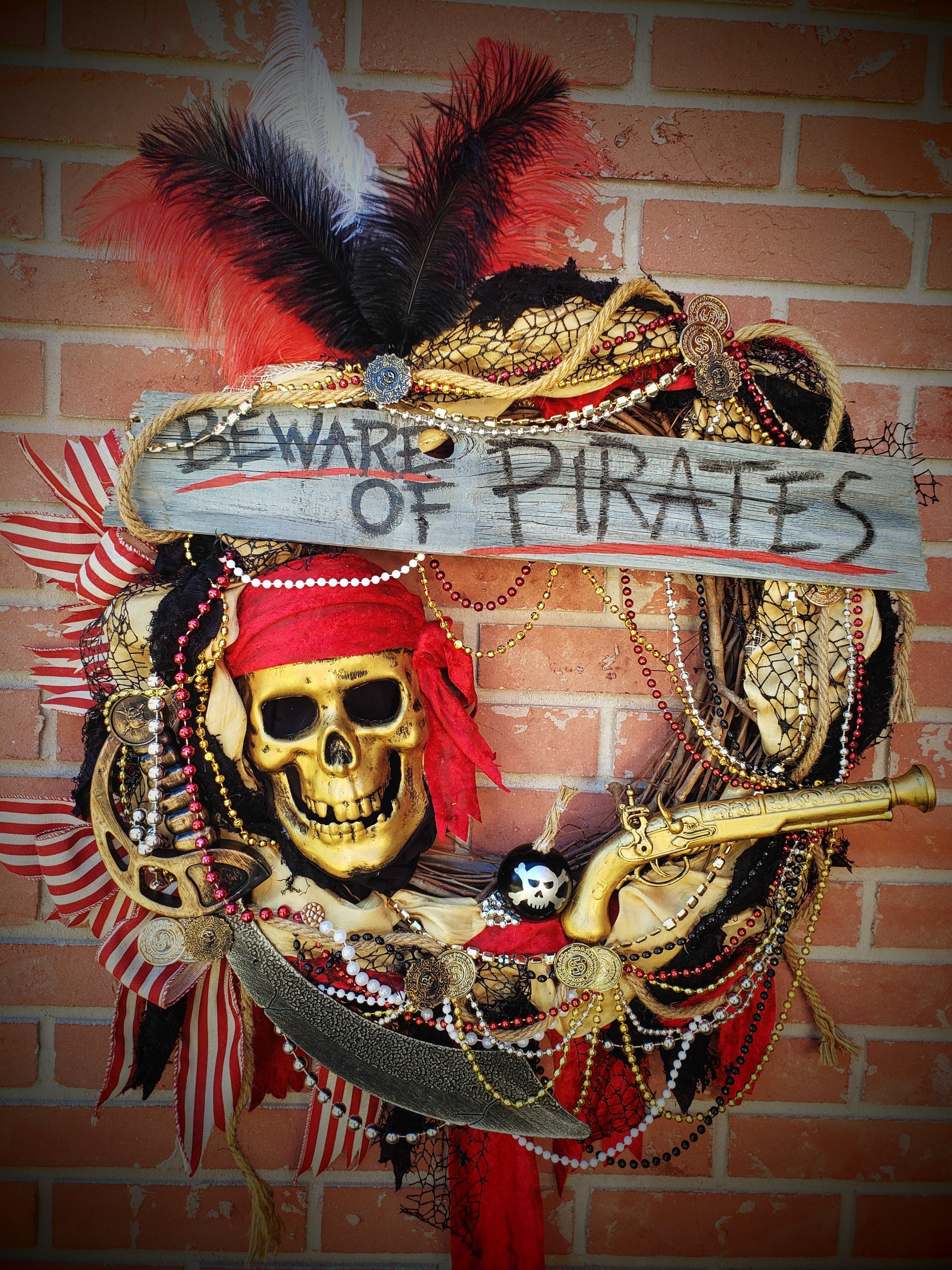 Red, gold and black Beware of Pirates Gasparilla wreath