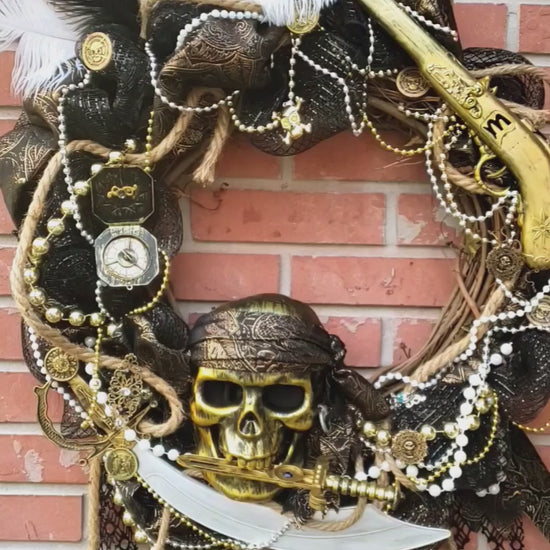 Black and gold damask Pirate wreath, Gasparilla 