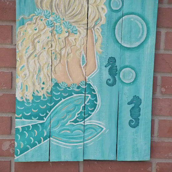 Aqua and teal mermaid painting on wood 