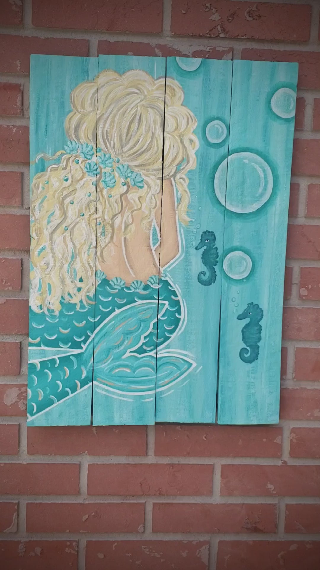 Aqua and teal mermaid painting on wood 