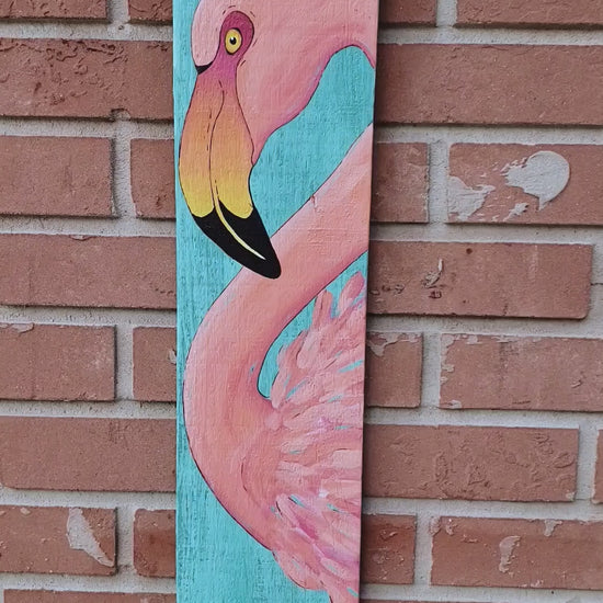 Set of 2 flamingos painted on an aqua and keywest blue reclaimed wood board