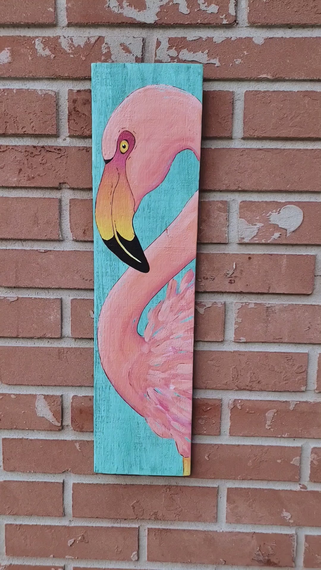 Set of 2 flamingos painted on an aqua and keywest blue reclaimed wood board