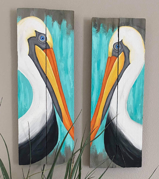 Pelican Painting on reclaimed wood, coastal decor