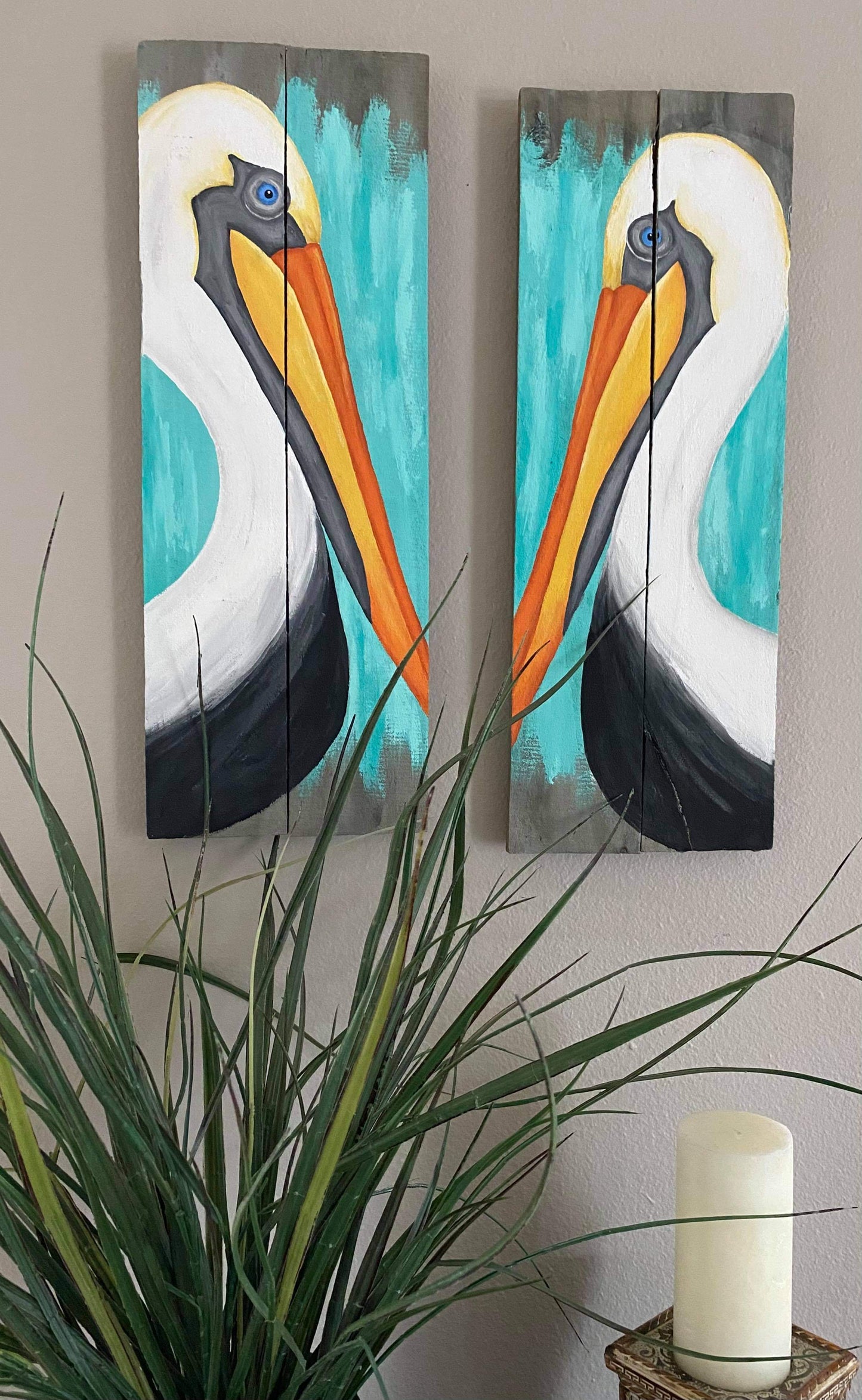 Pelican Painting on gray reclaimed wood with aqua accents 