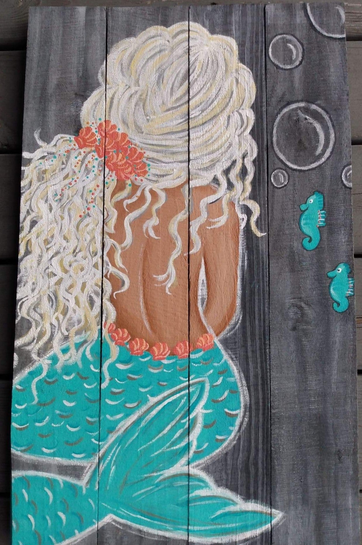 Mermaid painting on wood. Aqua, coral and gray