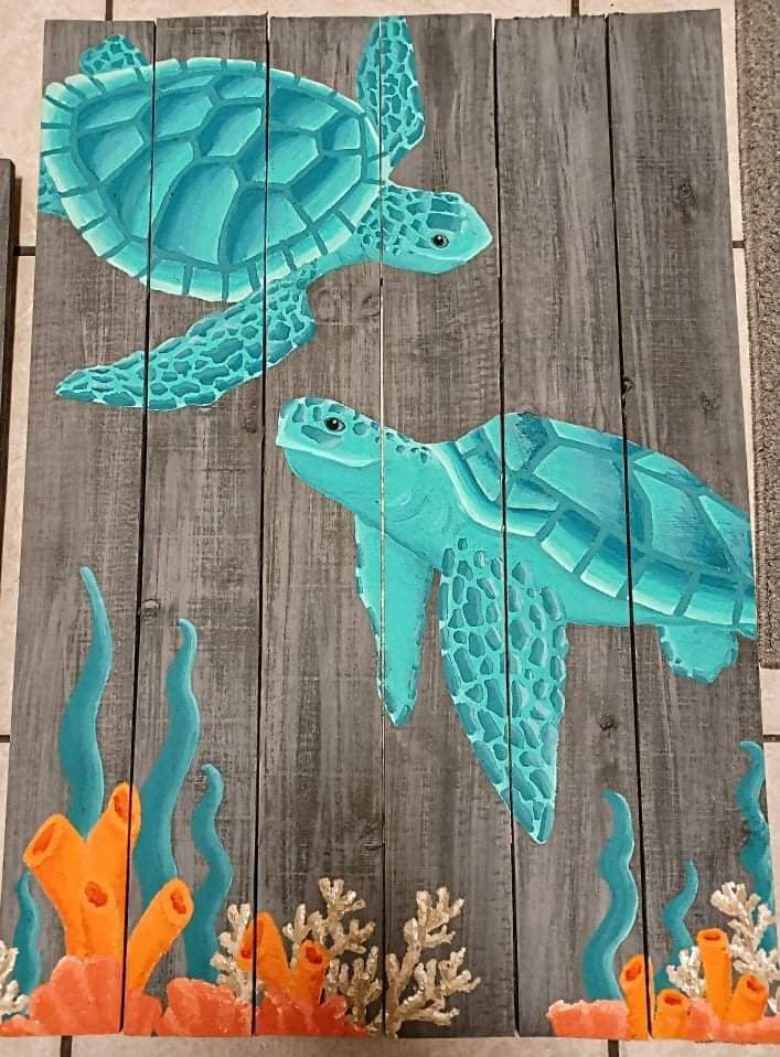 Aqua + Blues Sea Turtles painting on 3'x2' wood boards