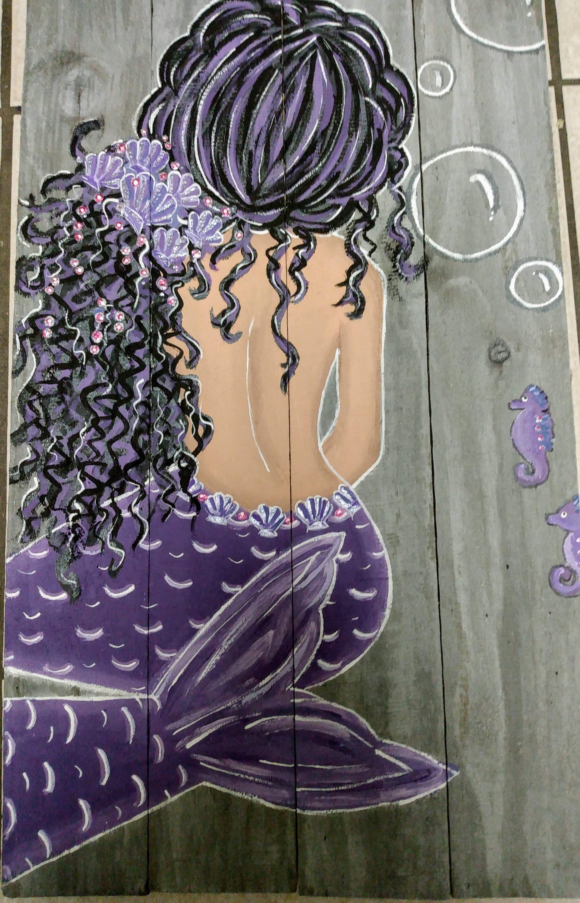 Custom mermaid on wood boards. Purple tail raven hair