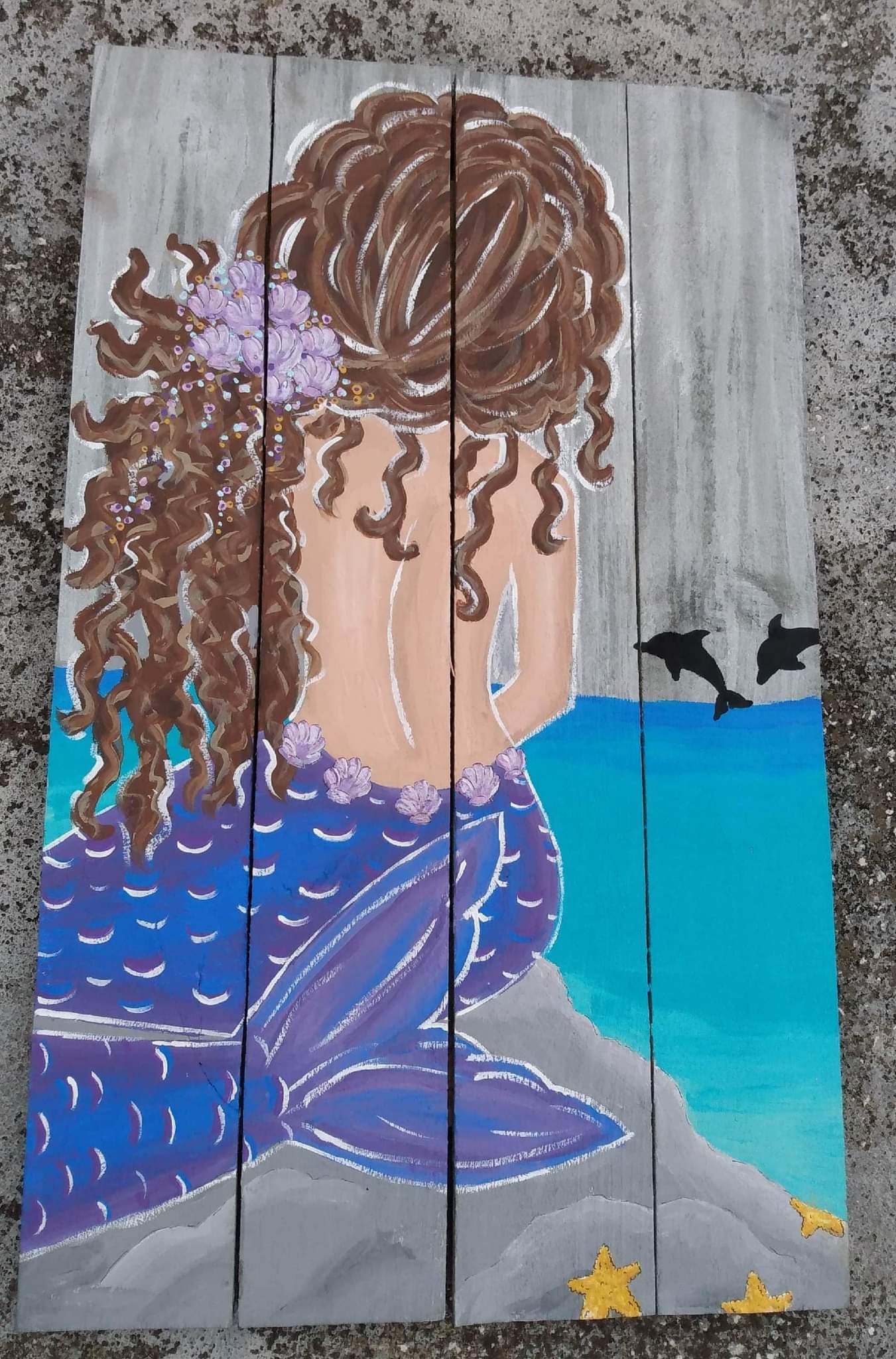 Custom mermaid on wood boards brunette purplr and blue tail