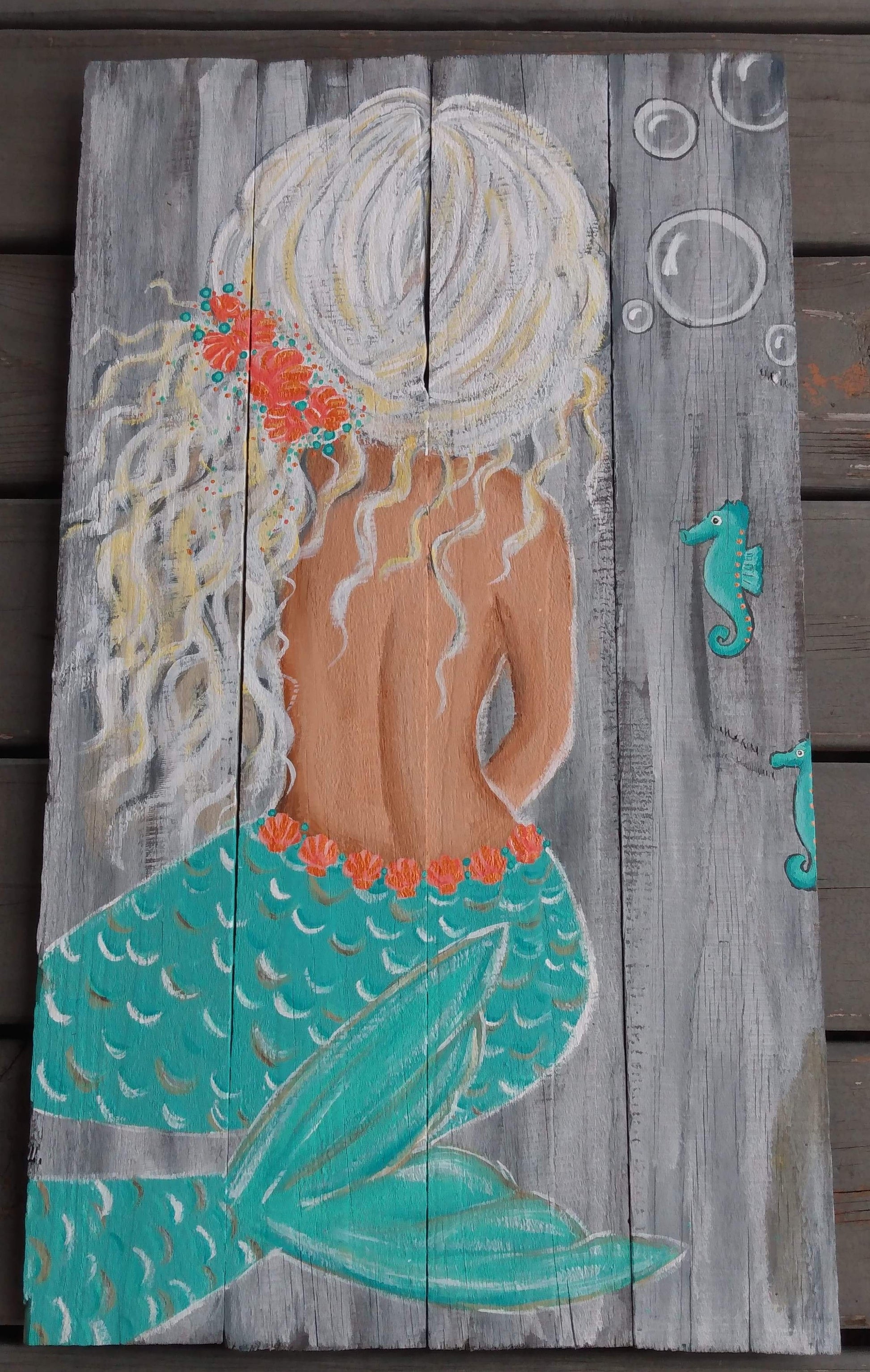 Mermaid painting on wood. Aqua, coral and gray