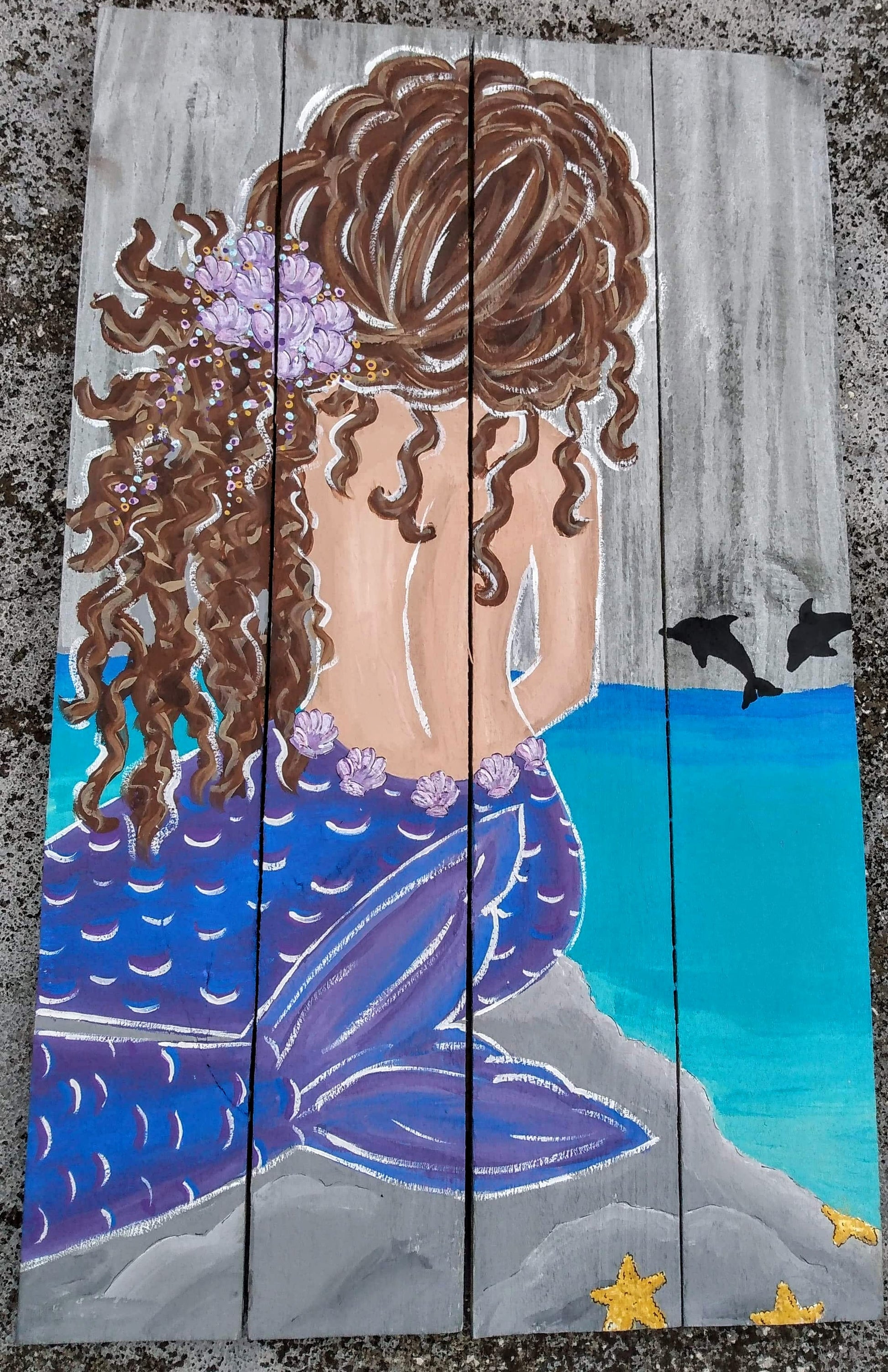 Custom mermaid painting with dolphins on wood boards